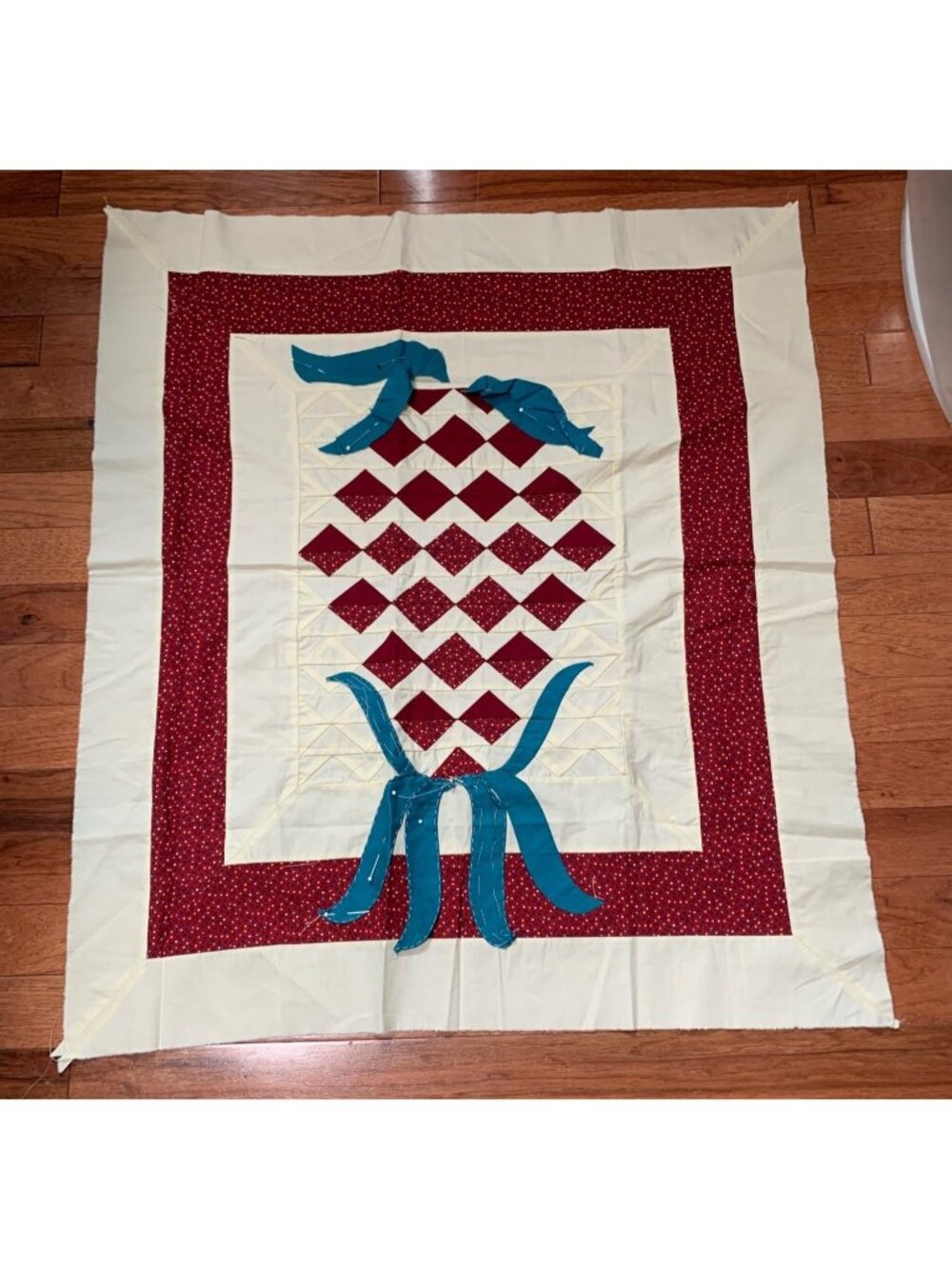 Handmade Pineapple Quilt Top 27"x23" Red Cream Blue Bow Appliqué Vintage